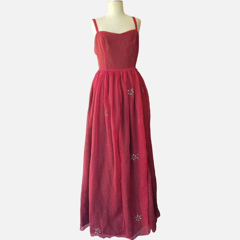 Red Sparkle Starry Handmade Evening Gown with Spaghetti Strap